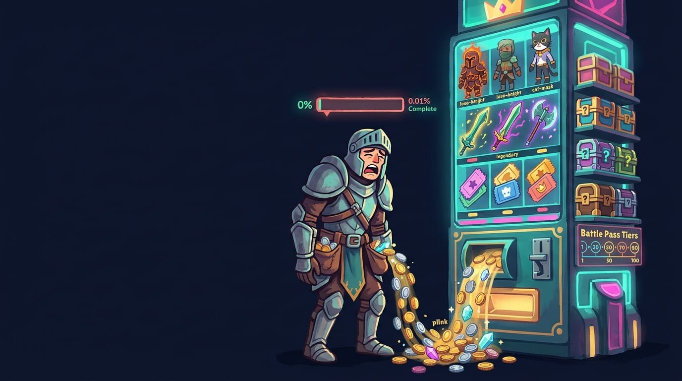 A crying armored knight spilling coins from his pockets into a glowing vending machine stocked with skins, legendary swords, loot boxes and battle pass tiers, while his progress bar sits at 0.01%