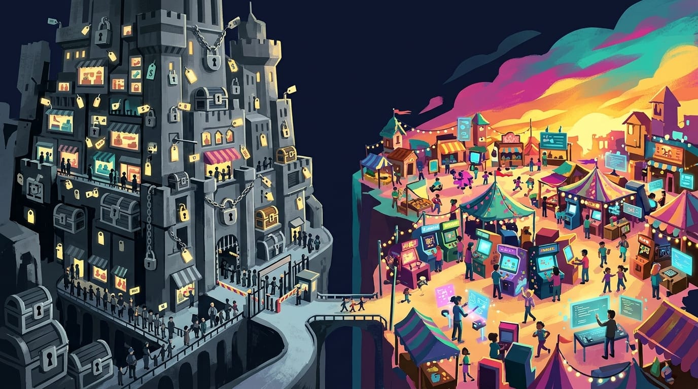 A gray corporate castle covered in padlocks, price tags and locked treasure chests with players queuing at a toll gate, facing a bright open market of handmade arcade cabinets where indie developers build games and players walk freely