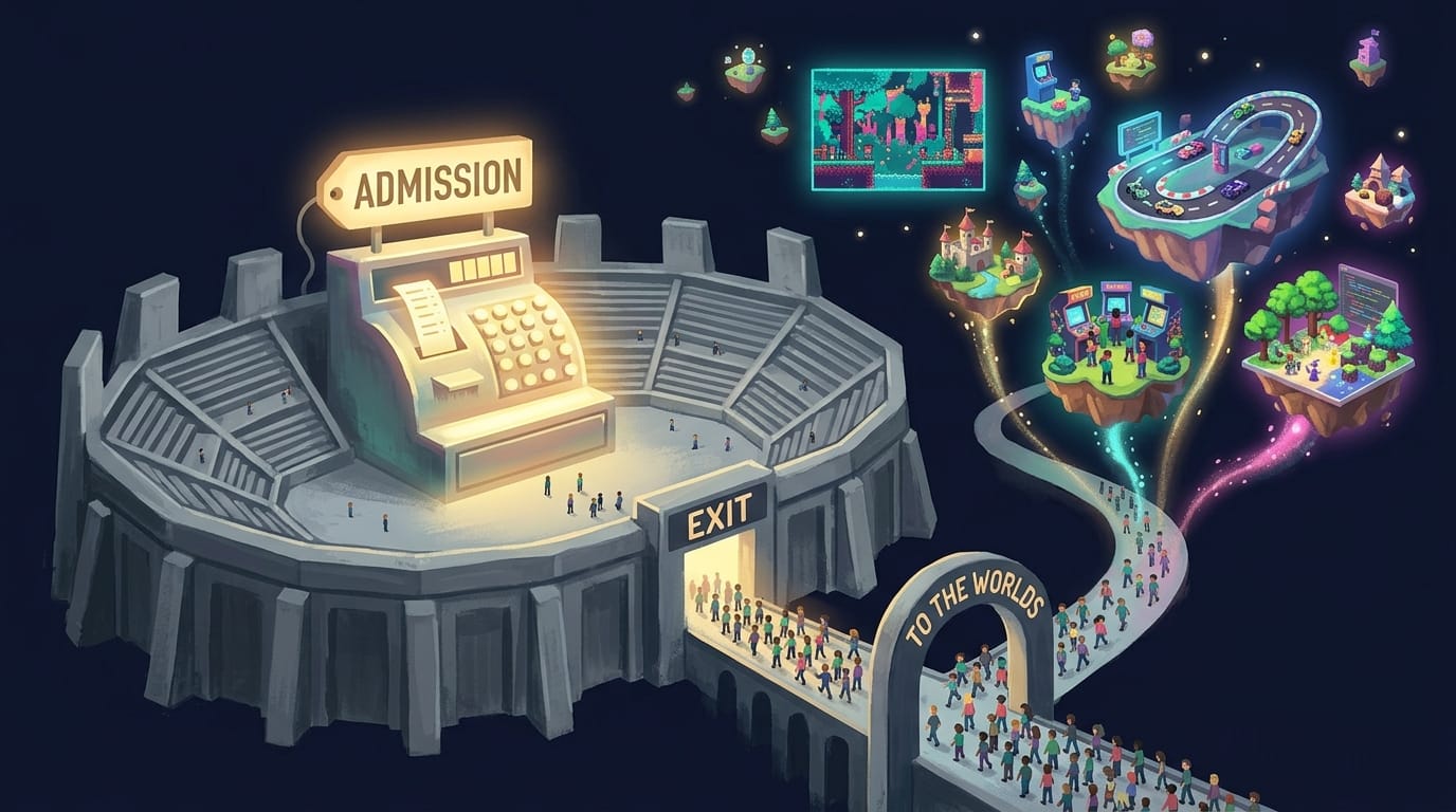 A nearly empty gray stadium built around a giant glowing cash register, with crowds of players walking out the exit along a path toward floating islands, each holding a different colorful indie game world