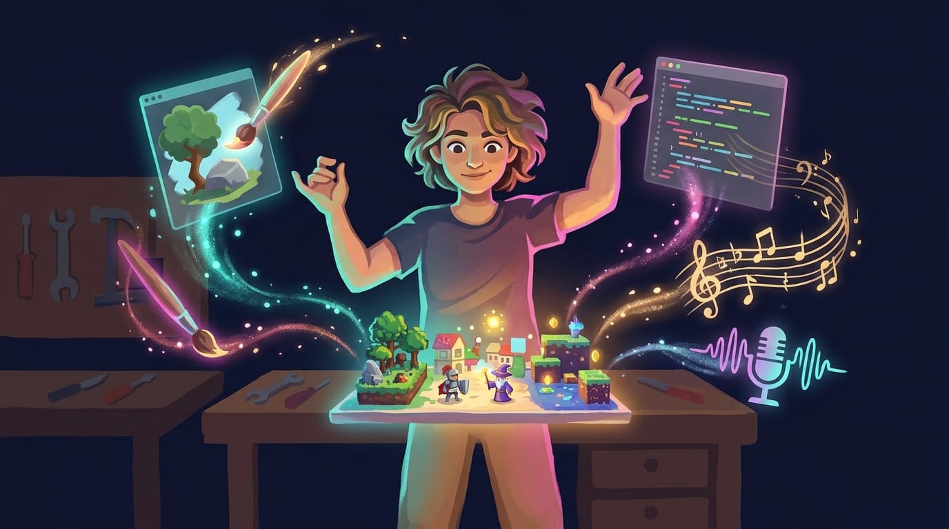 A solo developer conducting glowing floating tools, a paintbrush, a code editor, music notes and a microphone, that together build a small colorful game world on a workbench